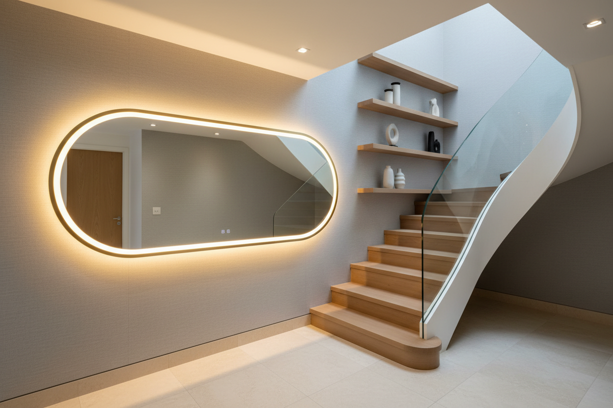 a big led mirror o  the way down from stares