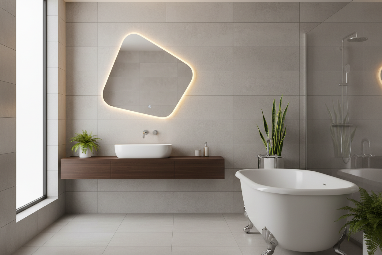 make a led mirror of an uncommen led shape with appreance of bathrom sink and bathtub